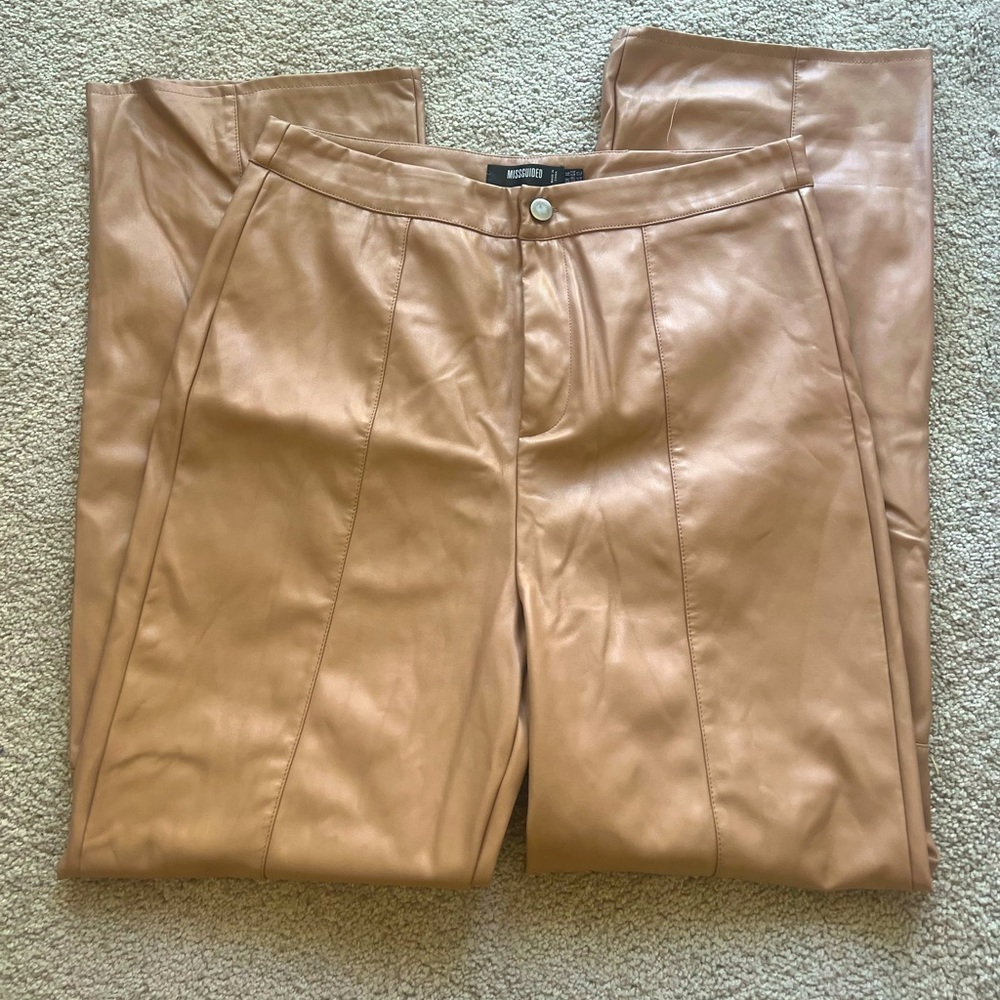 Misguided: Brown Leather Pants w/ Bottom Slit